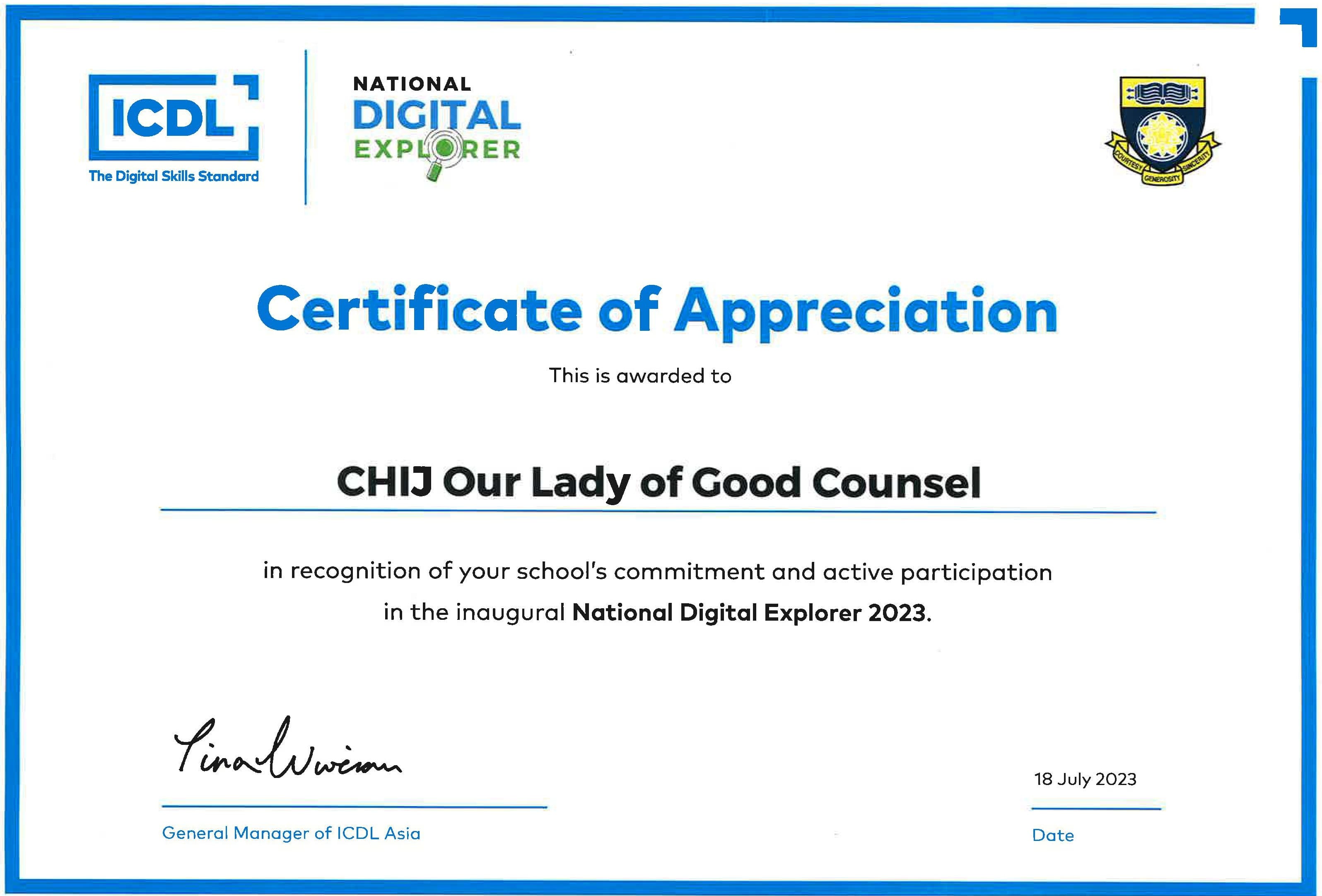 Certificate of Appreciation awarded to CHIJ Our Lady of Good Counsel for National Digital Explorer 2023, dated 18 July 2023.